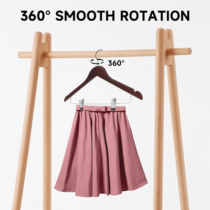 Wooden Hangers with Adjustable Metal Clips, 24-Pack, Dark Cherry | Solid Wood Hangers with 360° Rotatable Hook for Skirt, Dress, Coats, Jacket and Pants, Space-Saving and Non-Slip Design - Image 3