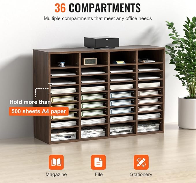 VEVOR Literature Organizers, 36 Compartments Office Mailbox with Adjustable Shelves, Wood Literature Sorter 39.3x12x26.8 inches for Office, Home, Classroom, Mailrooms Organization, EPA Certified Brown - Image 6