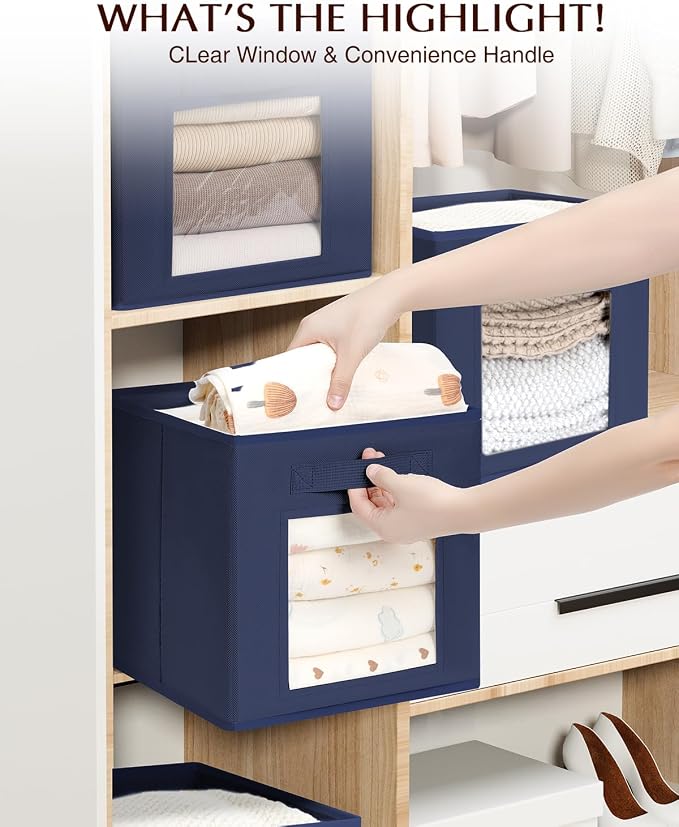 Storage Cube 11 Inch - Cube Storage Bins with Window, Closet Storage Baskets with Handle, Fabric Bins for Closet, Shelves, Toys, Clothes, Set of 8, Navy Blue - Image 9