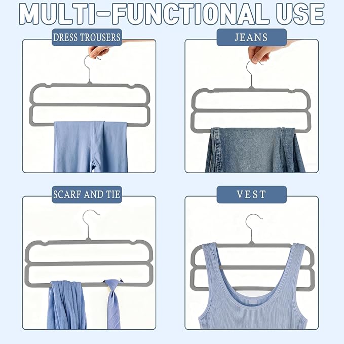 VSV stoage Velvet Pants Hangers with Double Non Slip Bar - Multiple Velvet Hangers for Closet - Thin Space Saving Clothes Hanger - 360° Swivel Felt Trouser Hanger Perchas Terciopelo 10 Pack (Grey) - Image 4