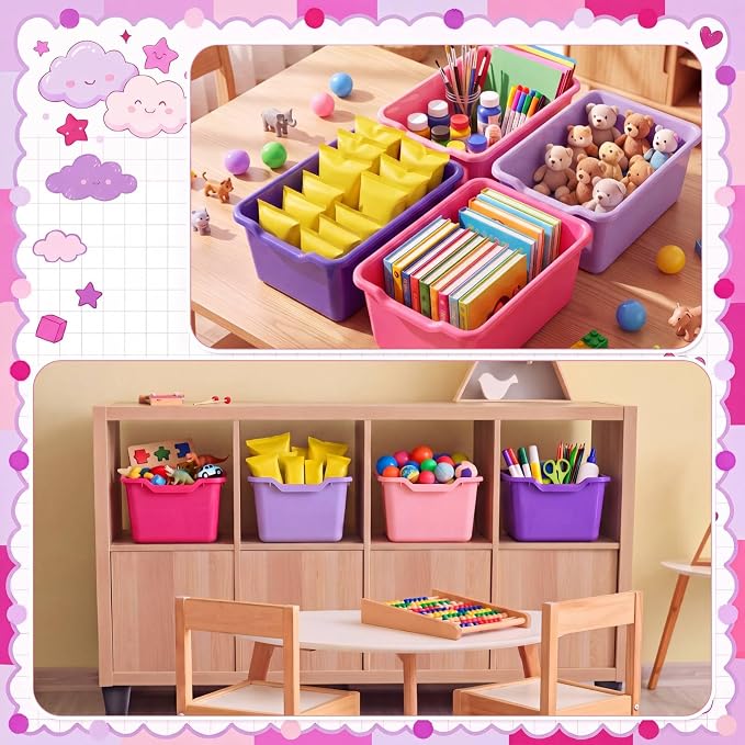 32 Pcs Cubby Bins for Classroom Plastic Book Bins,Pink Series | Storage Bins for Classroom Library, Plastic Stackable Toy Tubs Containers for School Office Home Nursery Playroom - Image 6