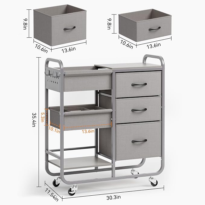 KINGRACK Baby Diaper Caddy Organizer and Storage Cart with Cloth Drawers | 3 Tier Metal Rolling Cart, 2-in-1 Large Capacity Mobile Utility Cart for Nursery, Bedroom, Changing Table & Crib - Image 8