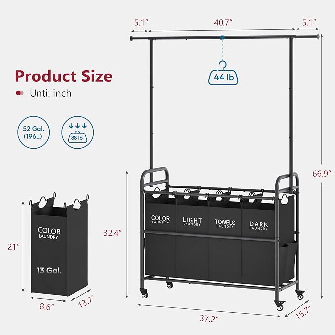 Laundry Sorter with Hanging Bar, 4 Section Laundry Hamper, Black | 52 Gal Laundry Cart with Hanging Rack and Removable Bags, Rolling Laundry Hamper Cart for Laundry Room, Bathroom, Bedroom - Image 7