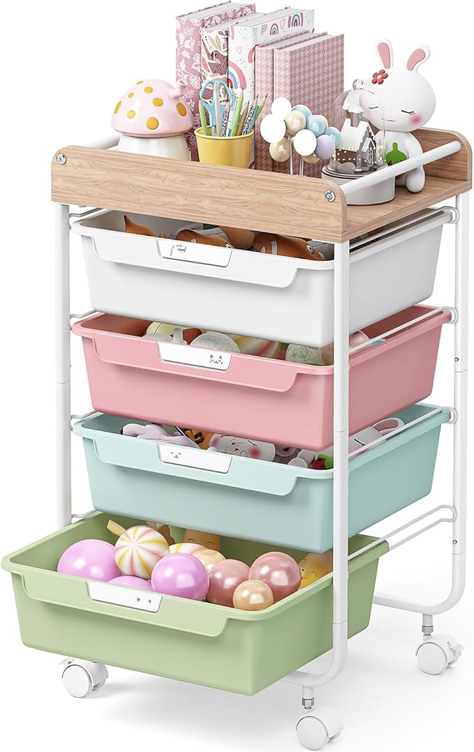 SYKIARIOL Rolling Storage Utility Cart with 4 Drawers,Art Cart,Colorful | Kids Craft Cart,Makeup Organizer and Storage with Wooden Tabletop by SYKIARIOL