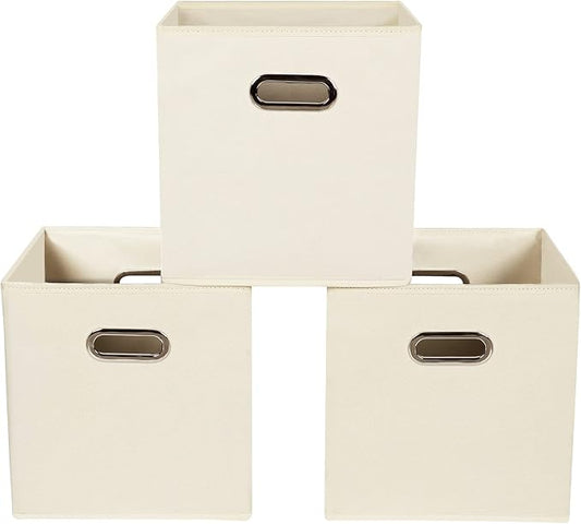 Yunkeeeper storage bins Cubes, Fabric Cube Organizer with Handle, Foldable Cube Bins for Cloth or Accessary Storage, 11x11x11, Set of 3, (Creamy White) by Yunkeeper