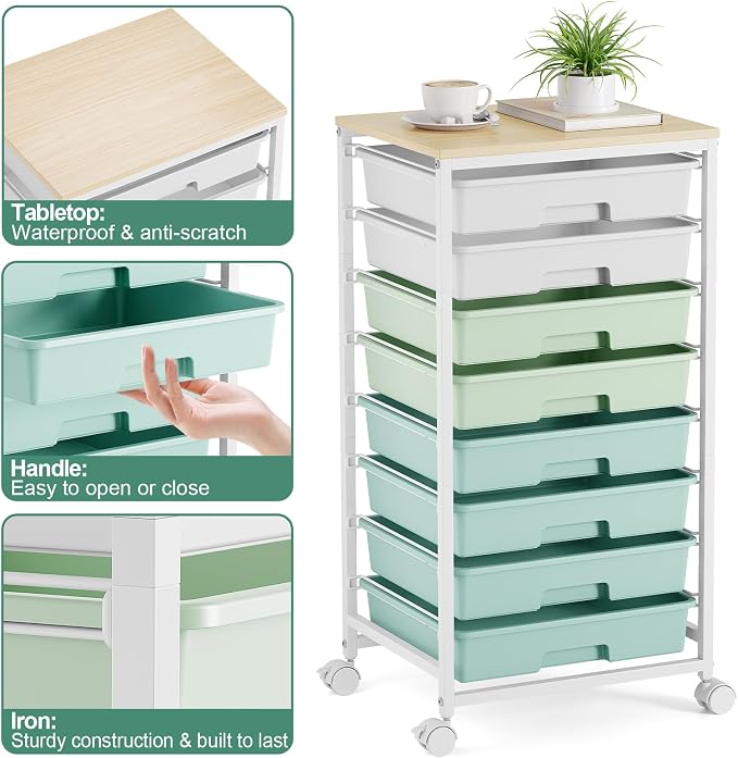 Storage Cart with 8 Drawers, Utility Cart with White Drawers and Wooden Tabletop, Craft Cart, Teacher Organization for Classroom, Storage Furniture, Office Organization, Green | Utility Cart on Wheels with Wooden Tabletop,Teacher Organization for Class... - Image 4