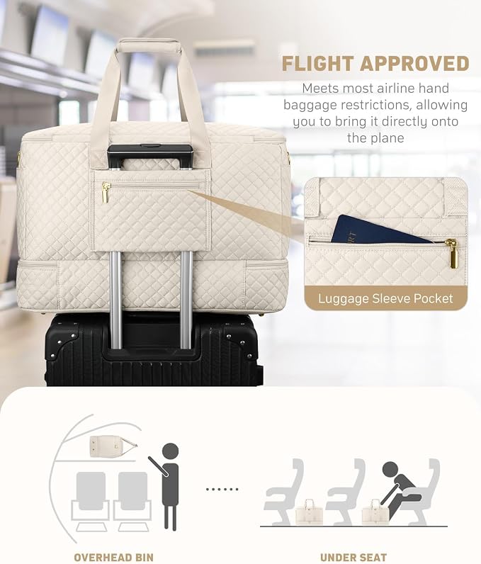 Duffle Bag for Travel, 40L Weekender Bag with Shoe Compartment, Carry On Overnight Bag for Women with Toiletry Bag Duffel Bags with Wet Pocket for Gym Hospital Bags for Labor and Delivery Beige - Image 6