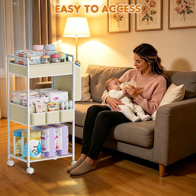 JBBTOOL 2In1 Baby Diaper Caddy & 3-Tier Rolling Diaper Cart, Diaper Caddy Organizer with Dividers & Pockets, Mobile Metal Utility Cart for Baby Essentials, Bedroom, Kitchen & Office - Image 5