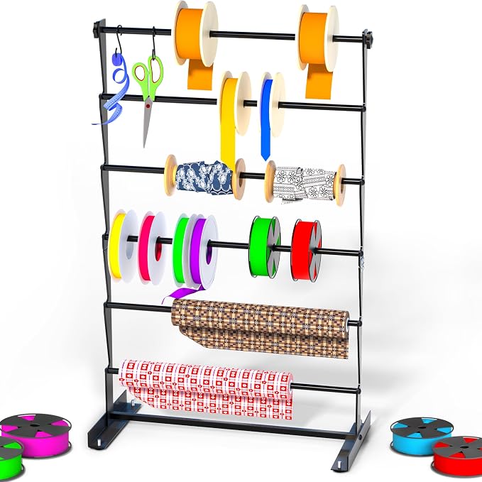 Alyoen 6 Tier Ribbon Organizer, Metal Ribbon Holder Storage Rack with Activity Hooks, Ribbon Spool Holder for Craft Room Sewing Thread Mesh Ribbon Wreath Washi Tape, Florist Arts Wrapping Gift by Alyoen