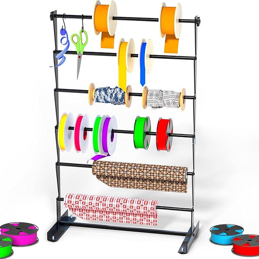Alyoen 6 Tier Ribbon Organizer, Metal Ribbon Holder Storage Rack with Activity Hooks, Ribbon Spool Holder for Craft Room Sewing Thread Mesh Ribbon Wreath Washi Tape, Florist Arts Wrapping Gift by Alyoen