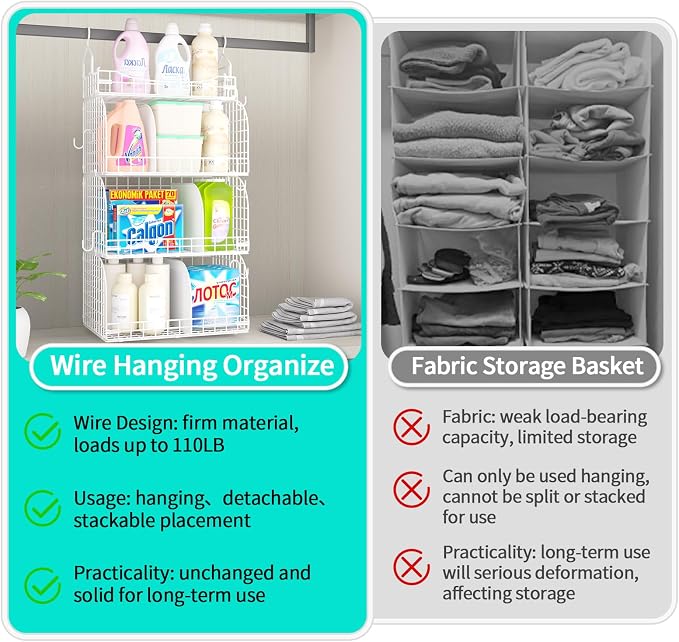 HapiRm Hanging Closet Organizer Storage - 3 Tier Metal Stackable Hanging Closet Shelves with Dividers and S Hooks, Foldable Clothes Shelves for Clothes, Pants, Shoes, Coat, Hats Clutches Accessories - Image 6