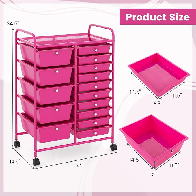 DREAMADE Rolling Cart with 15 Drawers, Rolling Drawer Organizer Cart w/Lockable Wheels, Removable & 2-Sized Storage Drawers, Art Cart for School Home Art Supplies Crafts File Scrapbook - Image 3