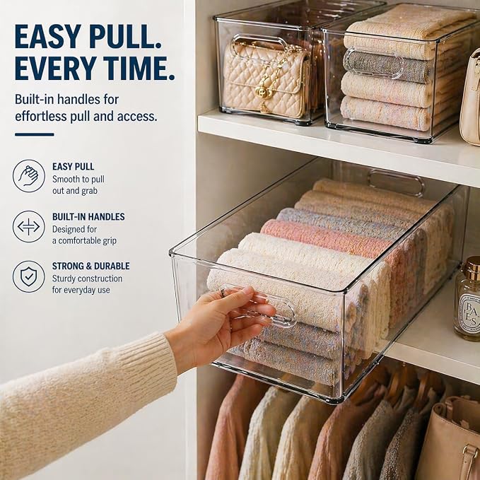 MOONEDGE 6 Pack Clear Organizer Bins 11x8x6in Pantry Organizers and Storage | Clear Containers for Organizing, Plastic Storage Bins with Handles for Drawer, Craft, Fridge, Kitchen Cabinet Shelf - Image 7