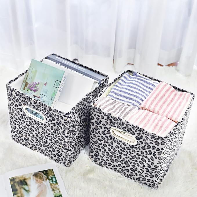ANMINY Leopard Cheetah Print Storage Cubes Bins, Velvet, Gray, 13Inch 2PCS | Collapsible & Washable, PP Board Frame, Built-in Metal Handles, Animal Themed Fabric Cubes Baskets for Closet Shelves Decor - Image 5