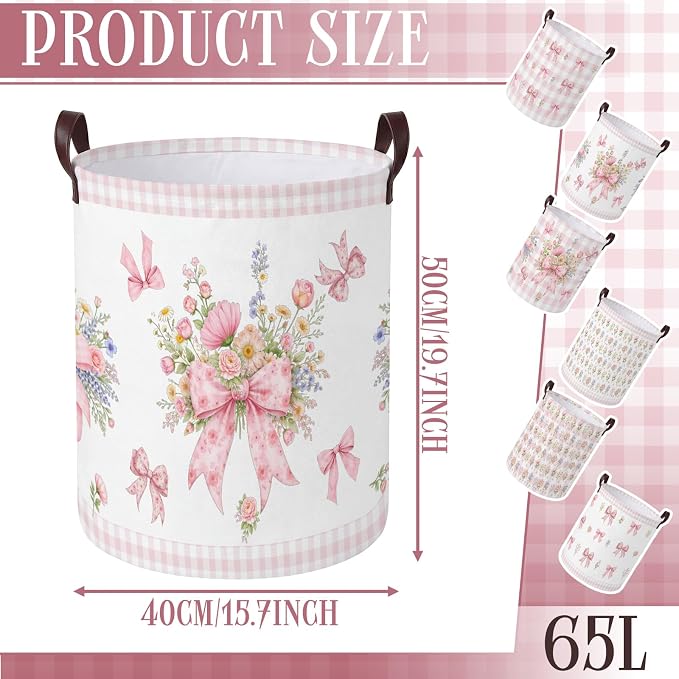 Fourluoo 6 Pack Pink Bow Fabric Storage Basket Waterproof Laundry Hamper with Handles Flower Round Storage Bin for Clothes Foldable Organizer for Bedroom Nursery Bathroom - Image 3