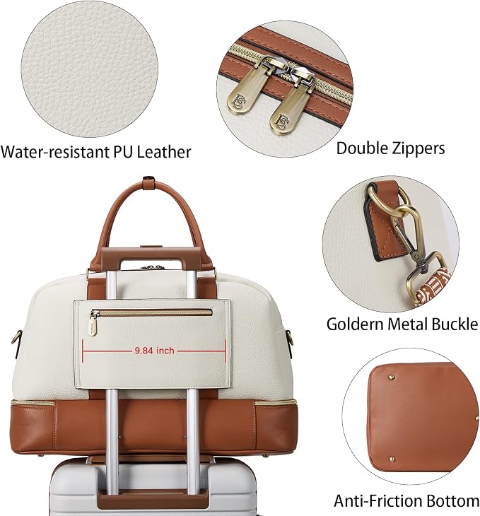 BOSTANTEN Weekender Bags for Women Travel Leather Overnight Bags | Shoe Compartment, Trolley Sleeve, Fits Under-seat, Airline-Friendly Carry-on Size, Designer, Weekend Getaways, Business Trip - Image 4