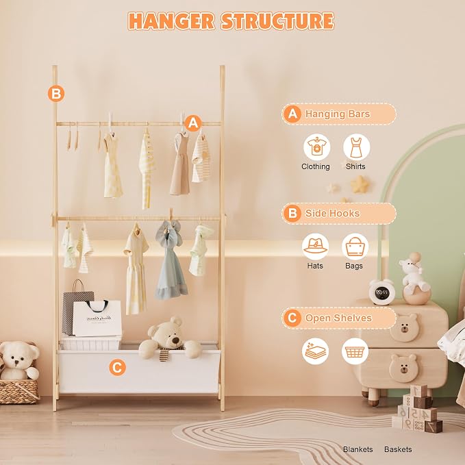 NACHES Tall Kids Clothing Rack with Double Hanging Rods Wooden Garment Rack for Toddler Baby Wardrobe Closet Compact Dress Up Storage Organizer for Girl Costume Princess Coat Bedroom Playroom Nursery - Image 3