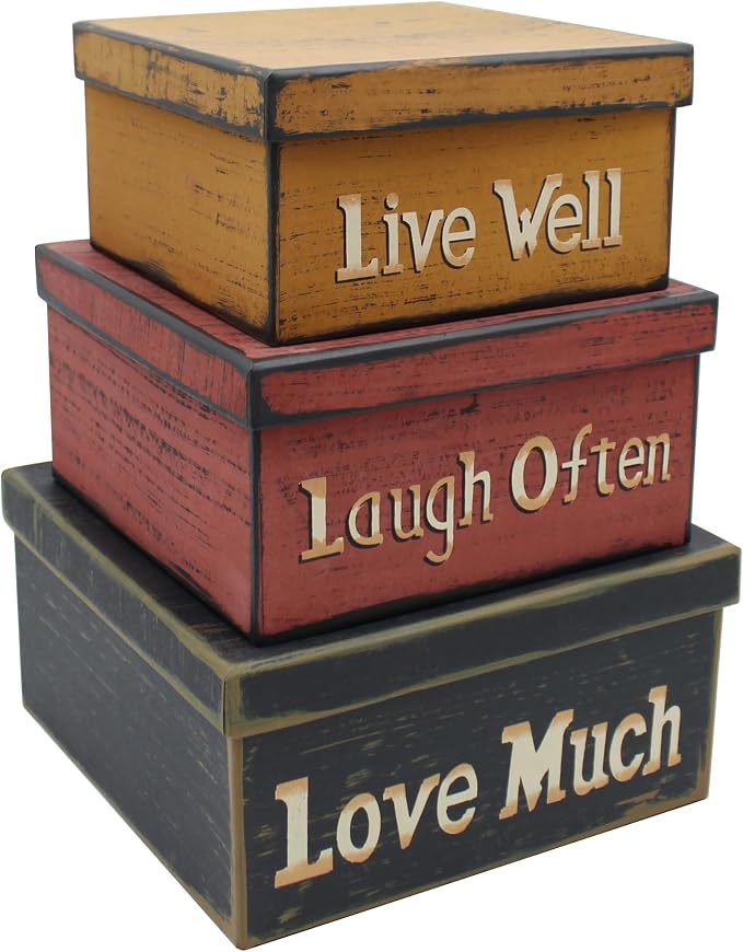 Primitive Vintage Square “Live Well, Laugh Often, Love Much” Cardboard Nesting Boxes, Large 9 X 9 X 4-1/2 Inch. Set of 3. - Image 2