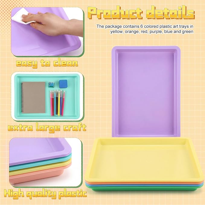 12 Pack Large Plastic Art Trays for Classroom, 16x12x1 Inch,Pastel | Plastic Paint Trays for Kids Craft Activity Sensory Play Stackable Organizer for Preschool Art Projects Jewelry Beads Sorting - Image 3