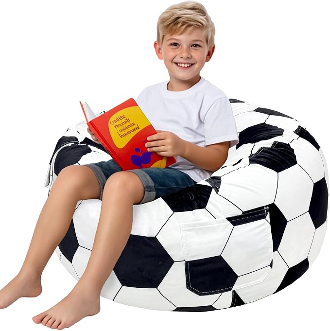 Lukeight Soccer Bean Bag Chair for Kids Teens Adults, Memory Foam Filled Floor Lounger, Washable Velvet Cover with Inner Liner, Beanbag Chair with Filling for Gaming and Reading, X-Large 30"D x 18"H by Lukeight