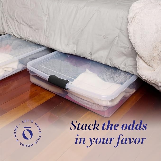 HOMZ 2-Pack Under Bed Storage, Clear Plastic Containers with Lids, 56 Quart, Gray Latch - Stackable Underbed Organizer Bins for Shoes, Bags, Clothes, and Towels - Image 2