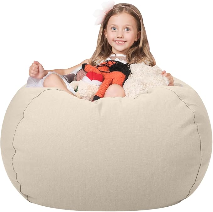 WEKAPO Stuffed Animal Storage Bean Bag Chair Cover for Kids | Stuffable Zipper Beanbag for Organizing Children Plush Toys Large Premium Cotton Canvas (Almond Oil, X-Large) by Wekapo