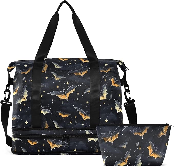 Travel Duffel Tote Bag Gothic Skull Bat Sports Duffel Bag with Wet Pocket Weekender Overnight Bag for Women Men Gym Bag, Carry On Bag Hospital Bag for Labor and Delivery by MNSRUU