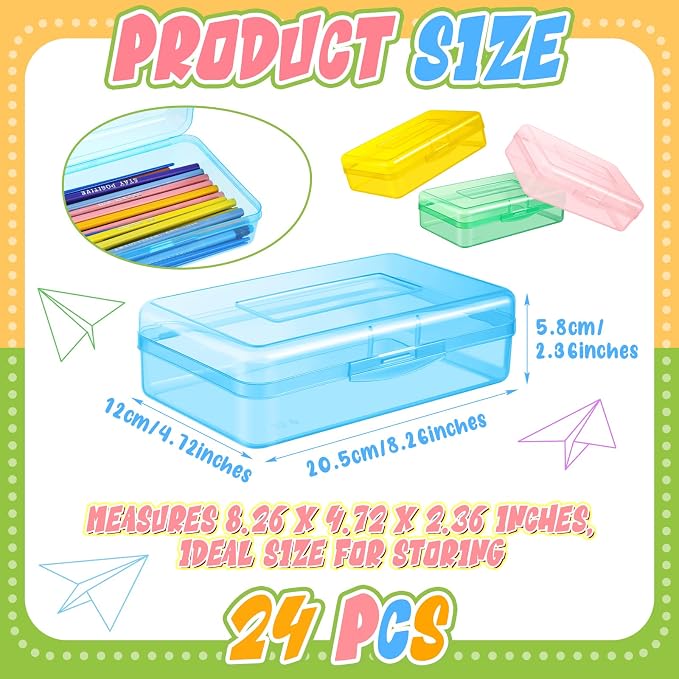 Patelai 24 Pack Pencil Box for Kids 8.3x4.7x2.4 Plastic Clear Pencil Case Bulk Crayon Boxes with Snap Tight Lids for Classroom School Students (Colorful) - Image 3