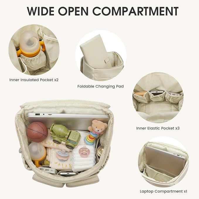 G4Free Diaper Bag Backpack for Moms Dads Travel Baby Bag with Pacifier Case & Insulated Pockets,Beige - Image 4