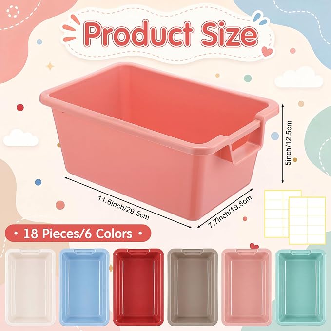 Thyle 18 Pieces Plastic Cubby Bins with Labels 11.6 x 7.7 x 5 Inch Classroom Book Bins Stacking Storage Container Organizer Storage Cubbies for Classroom Office (Morandi Color2) - Image 2