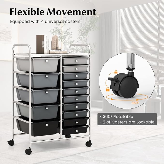 COSTWAY 15 Drawer Rolling Storage Cart, Mobile Storage Organizer | Removable Drawers & Metal Frame, Multipurpose Utility Tools Paper Organizer on Wheels for Home, Office (Mixed Black) - Image 5