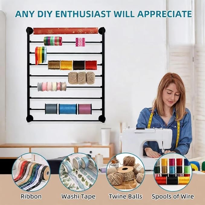 9 Tier Wall Mount Ribbon Organizer, Craft Room Storage Rack | Wrapping Paper Storage for Sewing Craft Mesh Thread Tape Wreath Crochet Craft Room Flower Shop(Black) - Image 3