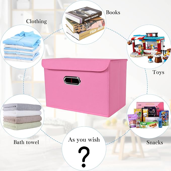 STOREONE Fabric Storage Cube Bins Foldable Organizer Container Collapsible Basket with Lids and Metal Handles, for Home, Bedroom, Closet 6 Pcs (Pink) - Image 3