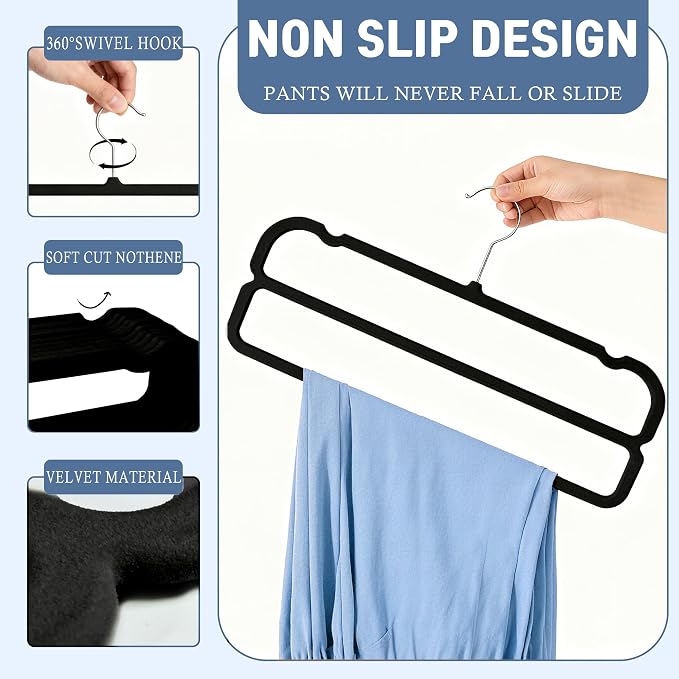 VSV stoage Velvet Pants Hangers with Double Non Slip Bar - Multiple Velvet Hangers for Closet - Thin Space Saving Clothes Hanger - 360° Swivel Felt Trouser Hanger Perchas Terciopelo 10 Pack (Black) - Image 3
