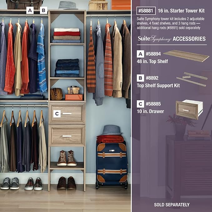 ClosetMaid SuiteSymphony Wood Closet Organizer Starter Kit with Tower and 3 Hang Rods, Shelves, Adjustable, Fits Spaces 4 – 9 ft. Wide, Natural Gray - Image 5