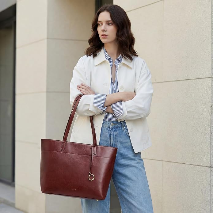 Kattee Vintage Genuine Leather Work Tote for Women | Spacious interior with a zip compartment for organized work, travel, and everyday essentials. - Image 3