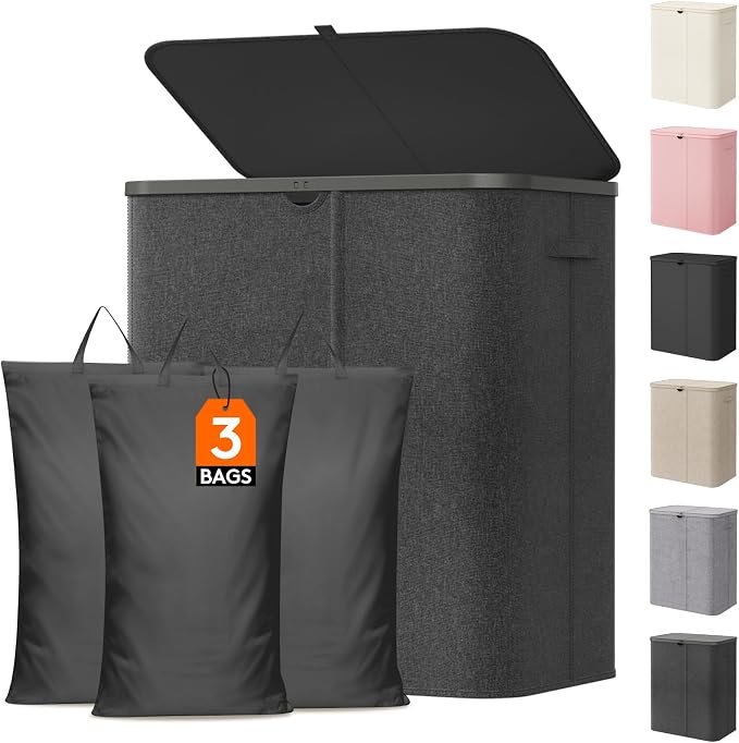 Lifewit 165L 3 Section Laundry Hamper with Lid, Laundry Basket, Dark Gray | Large Foldable Laundry Sorter with 3 Removable Bags, Tall Clothes Hamper for Bedroom and Bathroom by Lifewit