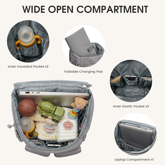 G4Free Diaper Bag Backpack for Moms Dads Travel Baby Bag with Pacifier Case & Insulated Pockets,Grey - Image 4