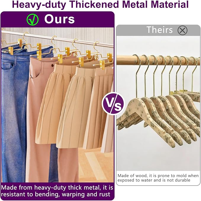 30 Pack Gold Pants Hangers with Hooks, Stackable Pants Hangers | Upgrade Heavy Duty Metal Skirts Hangers, with 2 Adjustable Clips for Pants, Jeans, Slacks, Women Skirts - Image 3
