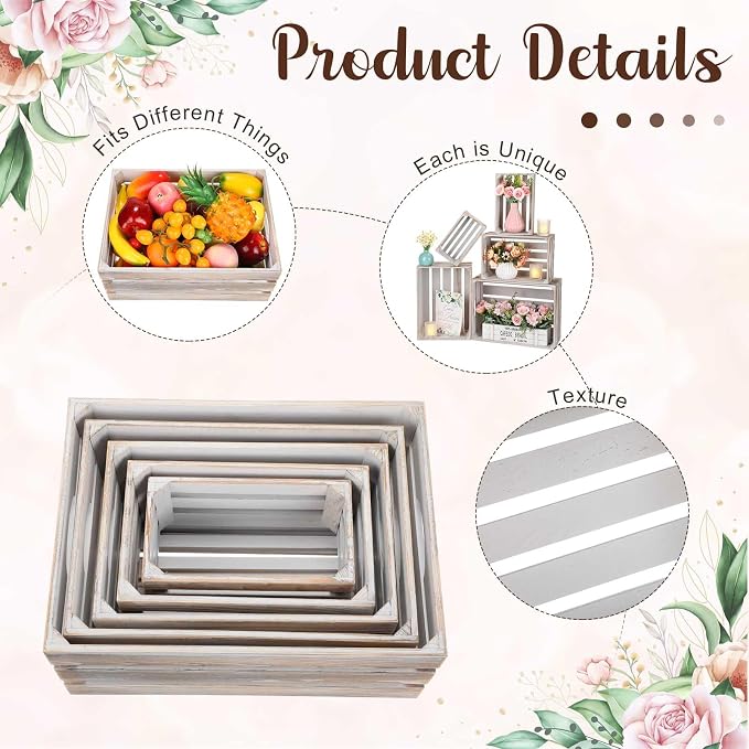 Soaoo 5 Pcs Decorative Nesting Wooden Crates for Storage Display 5 Size Large Small Rustic Wood Decorative Storage Crates with Handle Farmhouse Crate Box Container Made from Pine(Vintage Gray) - Image 4