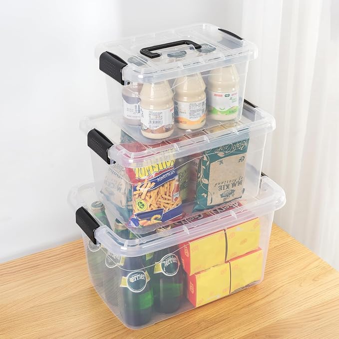 Cetomo Storage Boxes, Storage Box with Lids and Handle for Home Dorm Office Organization, Stackable Nesting Tote Container, Plastic, Clear, 6L 10L 18L-3 Pack - Image 4