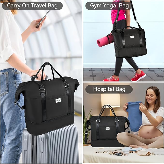 Voova Weekender Duffle Bag Set with Shoe Compartment, 4 Piece, Black | Carry-on travel set includes weekender, shoe bag, toiletry bag and makeup pouch for organized overnight trips - Image 6