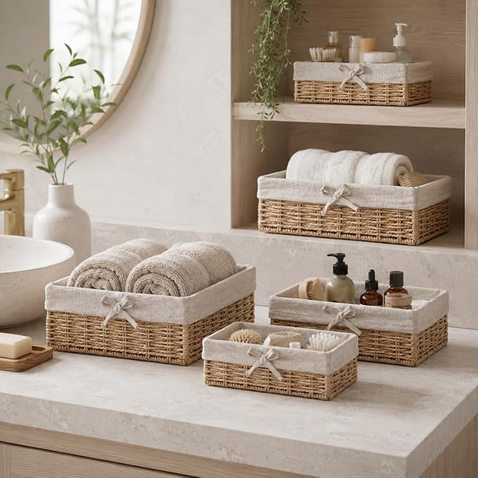 Baskets for Shelves Set of 4, Woven Paper Rope Storage, Khaki | Shallow Nesting Organizer Baskets with Removable Linen Liner, Pantry Bathroom Closet Cabinet Bookshelf storage, 9.8in-15.7in - Image 7
