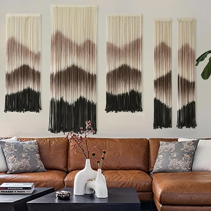5Pcs Set Macrame Wall Hanging Mountain Art Brown Dip Dyed Boho Wall Decor | Cotton Rope Craft, Mountain Wall Art, 5 Piece Set, Ready To Hang, Wedding Backdrop Decor by IOWER