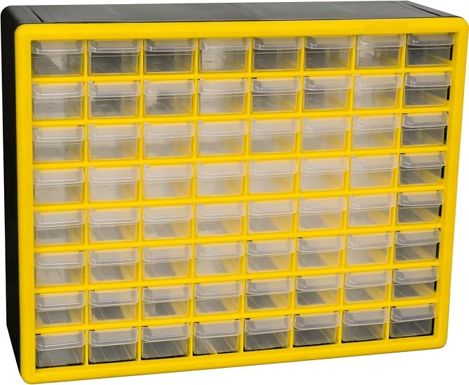 Akro-Mils 64-Drawer Plastic Storage Cabinet, 20"W x 6"D x 16"H, Yellow | Plastic Cabinet w/ Drawers for Garage Organization, Beads, Building Bricks Storage, Teacher Toolbox, Makeup Organizer, 10164 by Akro-Mils