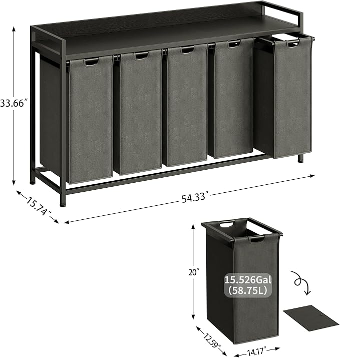 Herture Laundry Hamper with Shelf, Laundry Basket 5 Section, Laundry Sorter with Pull-Out Removable Large Bags and Movable Wheels, Metal Frame, 5 x 15.87 Gallons (60L), Black PF08XLB - Image 2