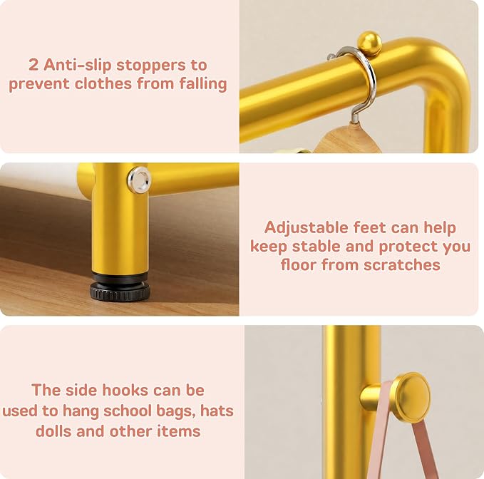Kids Clothing Rack with Storage Shelf, Kids Dress Up Storage | for Coats, Small Baby Garment Rack for Hanging Clothes, Toddler Wardrobe Closet Organizer (Gold, Classic) - Image 5