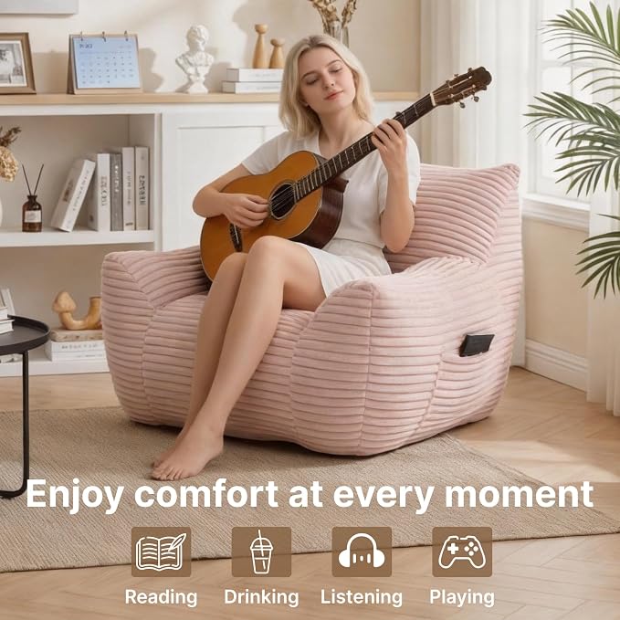 Bean Bag Chair for Adults & Kids, Giant Bean Bag Sofa with Side Pocket, Corduroy Beanbag Chair with Armrests, Comfy Stuffed Floor Sofa for Living Room Bedroom Dorm, Pink - Image 3