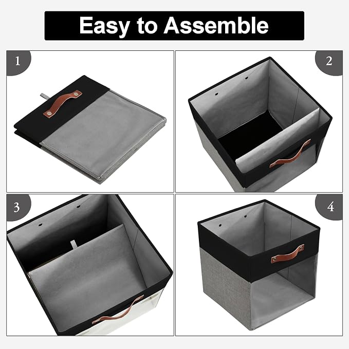 Storage Cubes, 4 Pack Linen Foldable Storage Bins (13 x 13 inch) with Clear Window and Handles, Fabric Organizer for Shelf Closet, Clothes, Books - (Gray and Black) - Image 3