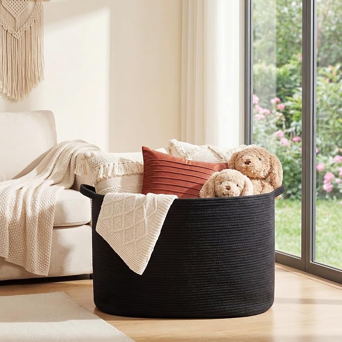 XXXXL 125L Extra Large Woven Blanket Basket, 25" x 18" x 17" Jumbo Cotton Rope Storage Basket with Handles Toy Storage Bins for Laundry Hamper Nursery Organizer Living Room Home(Black) - Image 3
